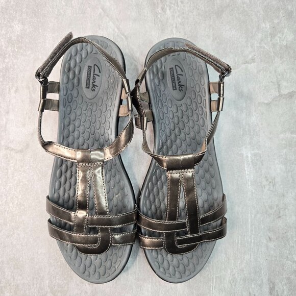 Clarks Open Toe T Strap Sandals Sz 11 Bronze Flat Casual Walking Strappy Comfort - Picture 2 of 13